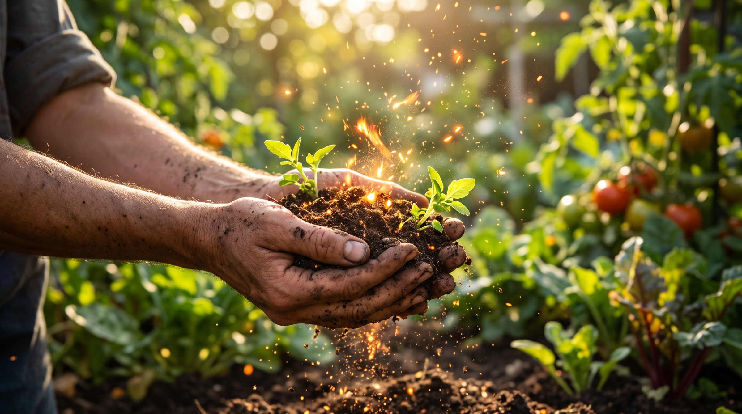 Image of hands holding fresh soil and greenery with sparks