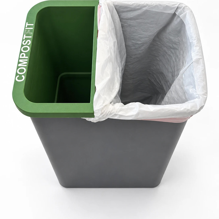 CompostFit in a pull-out trash bin with the trash bag lining the other side, the bag's edge tucked under the CompostFit rim