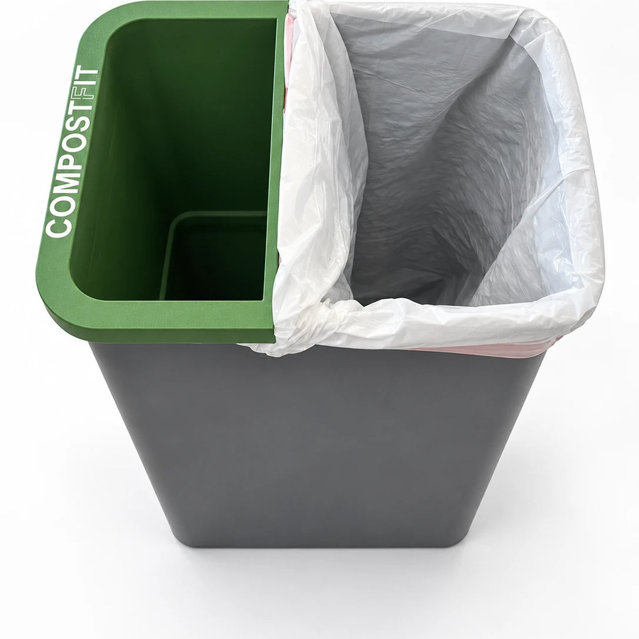 A white trash bag pulled under CompostFit's rim and held by the built-in teeth