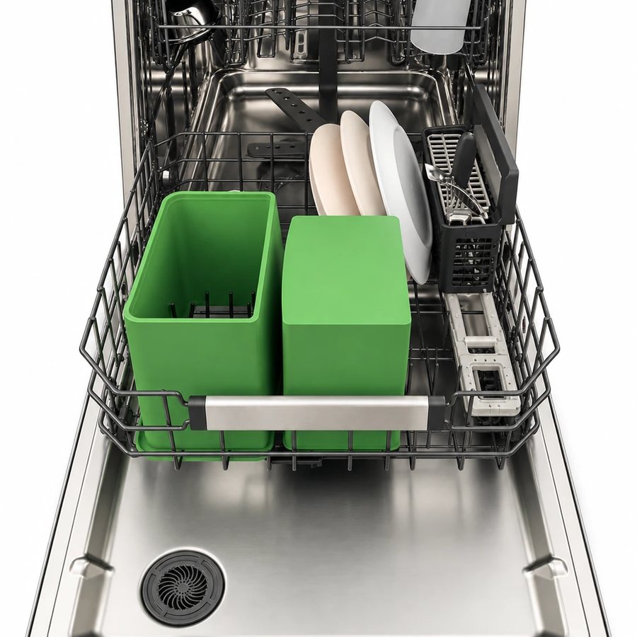 Both CompostFit bins separated and loaded in a dishwasher rack