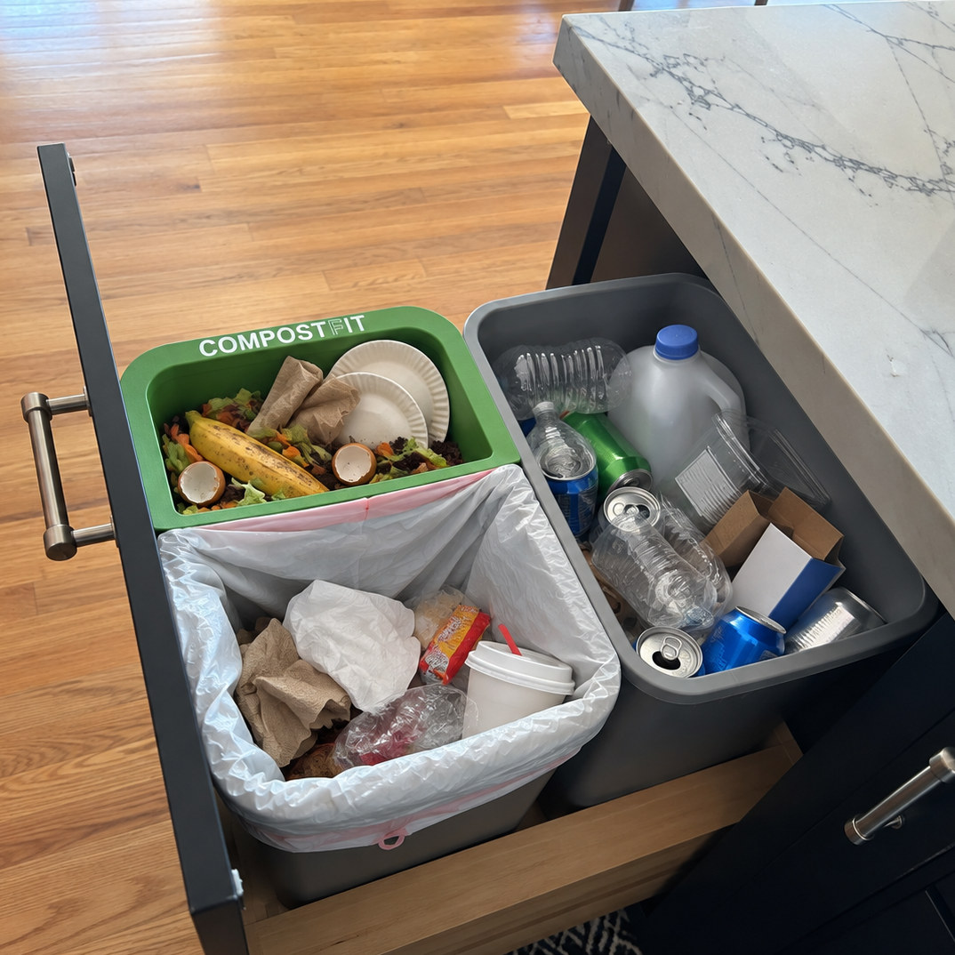 CompostFit installed in a kitchen pull-out cabinet: a full-size paper plate lying flat on top of food scraps in the green compost bin, the trash bag secured under its rim, and a recycling bin alongside